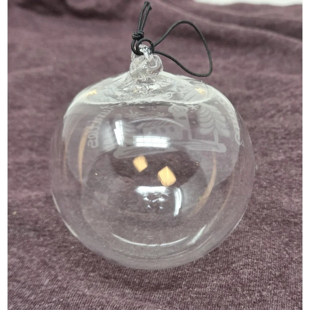 Clear Glass Ball Ornament Etched Church Chapel Pine Trees Snowflakes Christmas